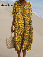 Women's Vintage Lovely Sun Pattern Art Print Flowy Dress