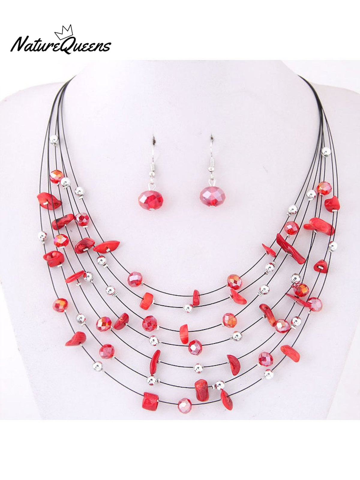 Bohemian Crystal Layered Necklace And Earrings Set Red / Onesize