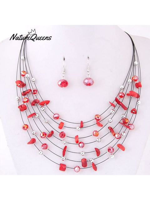 Bohemian Crystal Layered Necklace And Earrings Set Red / Onesize