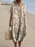 Women's Red Elegant Floral Print Pocket Linen Dress