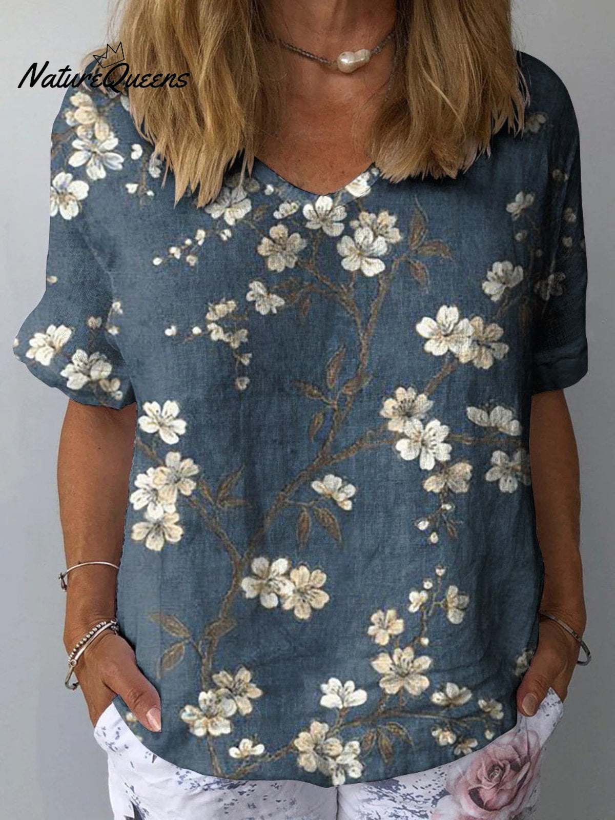 White Plum Blossom Pattern Printed Women’s Casual Cotton And Linen Shirt Multicolor / S