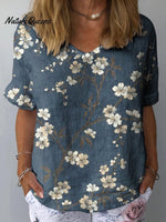 White Plum Blossom Pattern Printed Women’s Casual Cotton And Linen Shirt Multicolor / S