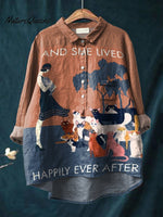 Cat Lady and She Lived Happily Ever After Decorative Pattern Casual Cotton And Linen Shirt