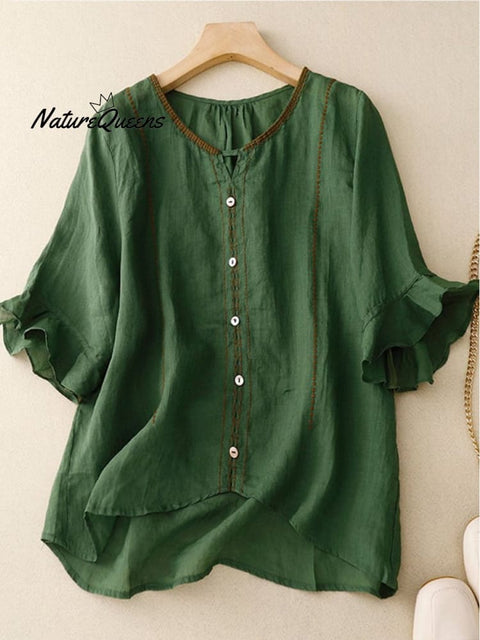 Loose Casual Embroidered Ruffle Sleeve Patchwork Shirt