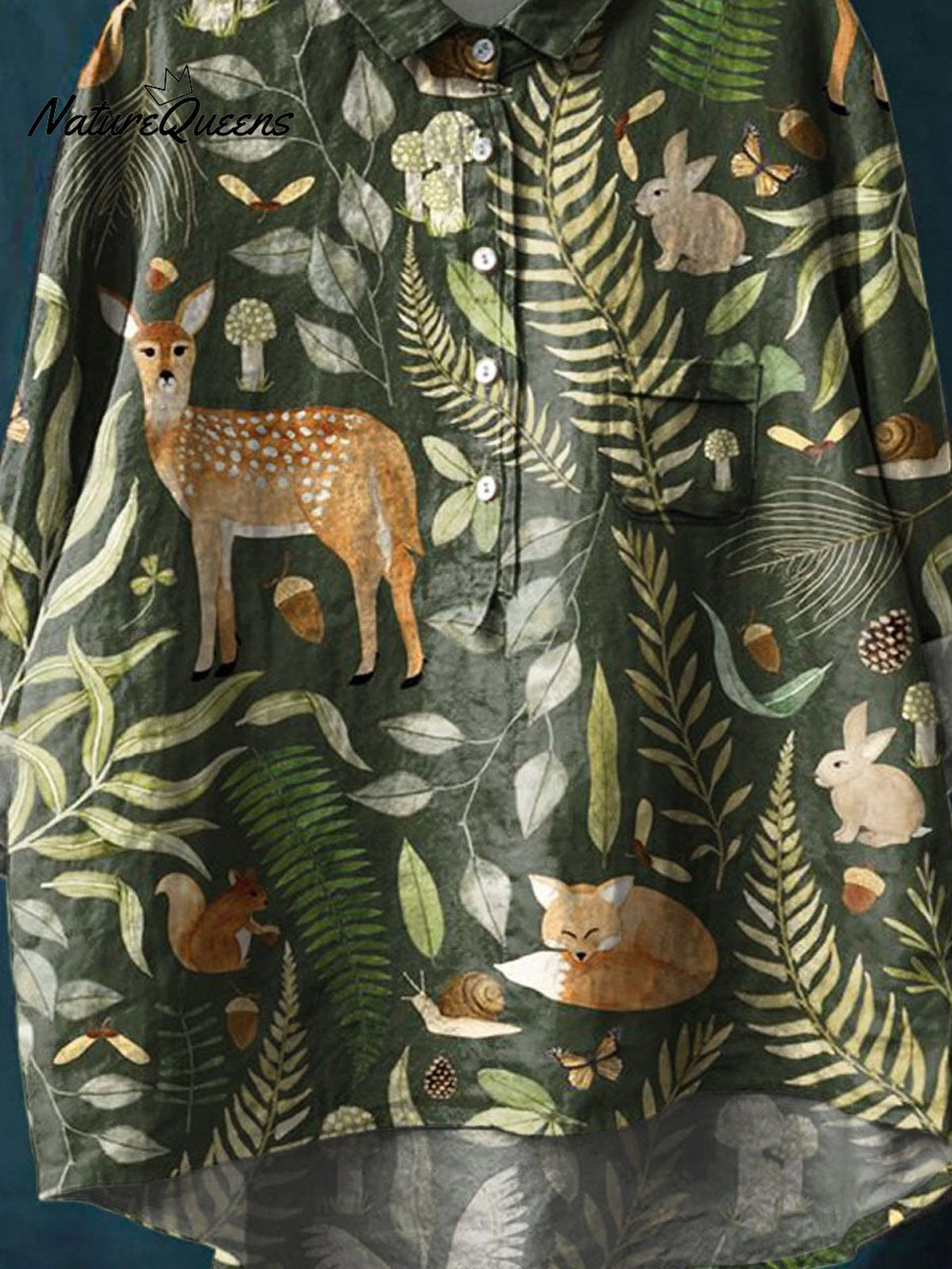 Women's Vintage Lovely Woodland Animals Art Print Casual Cotton And Linen Shirt