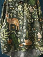 Women's Vintage Lovely Woodland Animals Art Print Casual Cotton And Linen Shirt