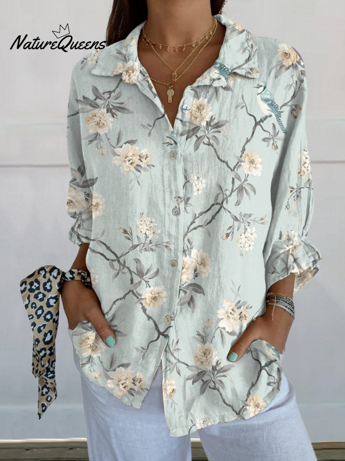 Women's Retro White Floral Print On Light Blue Background Casual Linen V-neck Shirt