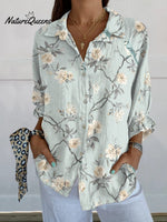 Women's Retro White Floral Print On Light Blue Background Casual Linen V-neck Shirt