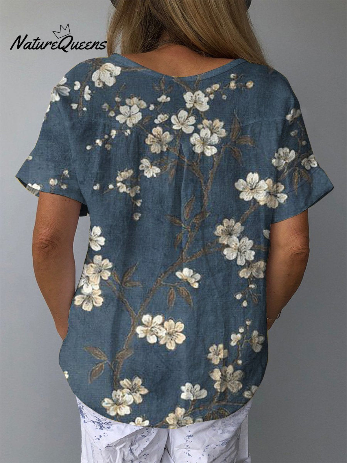 White Plum Blossom Pattern Printed Women’s Casual Cotton And Linen Shirt