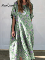 Women’s Lovely Floral Art Print Linen Cotton Buttons Dress Green / S