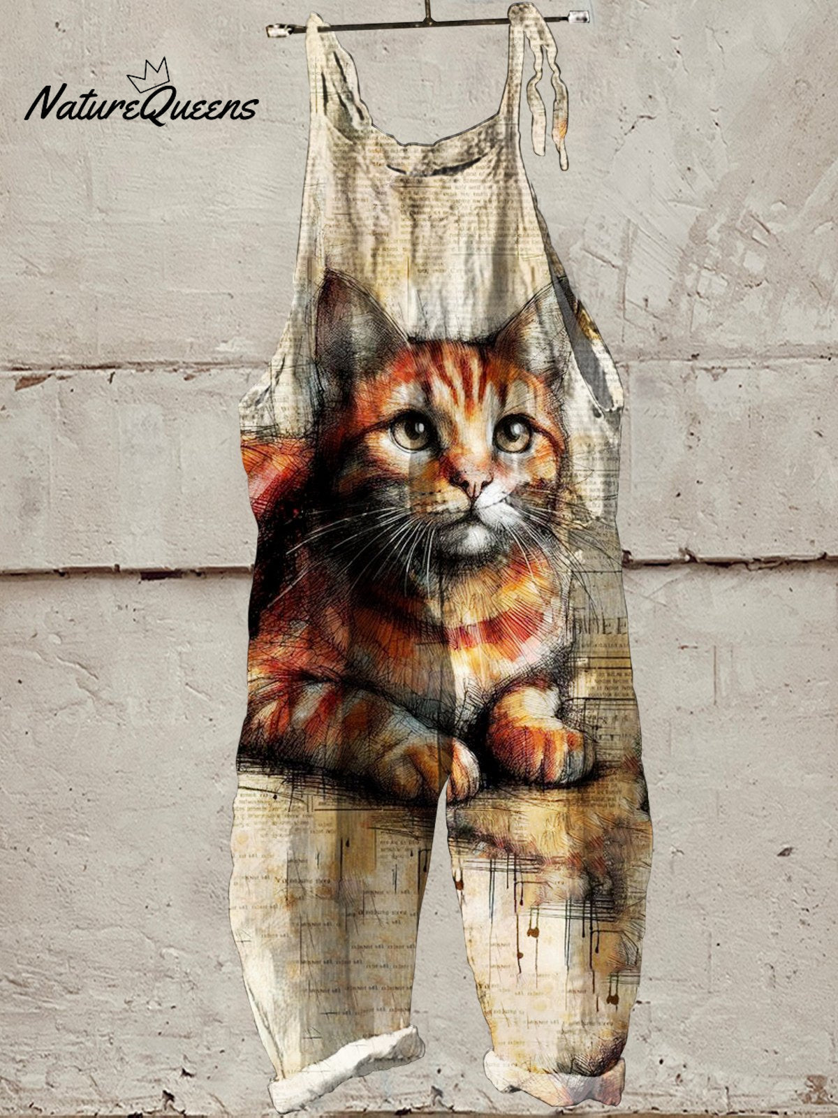 Women's CatArtPrint Casual 100% Cotton Wide Leg Jumpsuit