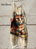 Women's CatArtPrint Casual 100% Cotton Wide Leg Jumpsuit