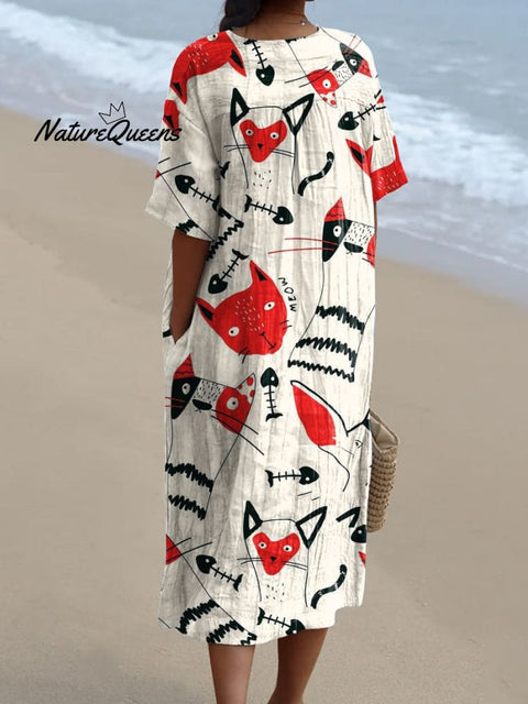 Women's Cat  Art Print Flowy Dress