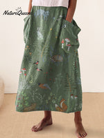 Woodland And Animal Pattern Printed Women’s Linen Pocket Skirt Green / S