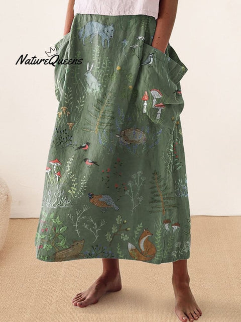 Woodland And Animal Pattern Printed Women’s Linen Pocket Skirt Green / S