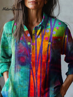 Simple Summer Woodland Quilt Art Printed Women's Casual Cotton And Linen Shirt