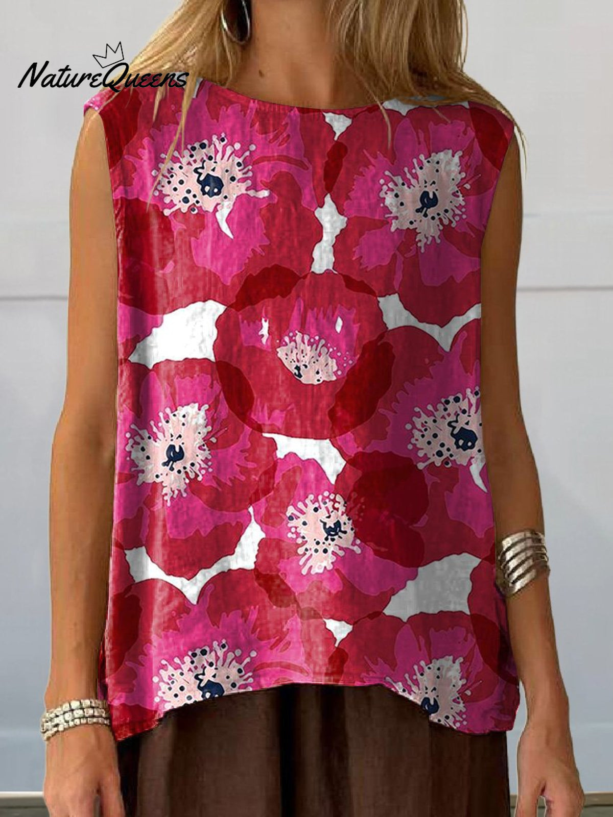 Summer Red Poppy Pattern Printed Women's CasualCotton And Linen Tank Top