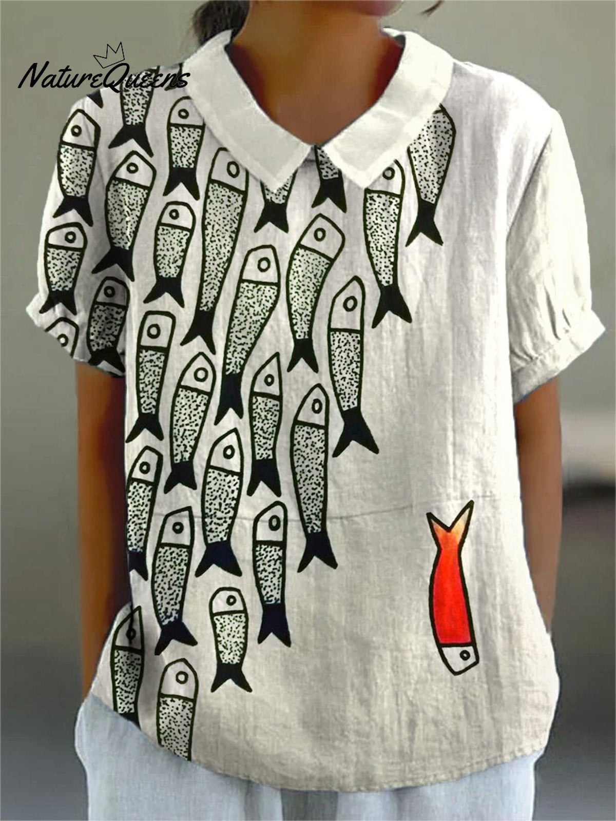 Be The Unique Fish Art Printed Women's Casual Cotton And Linen Shirt