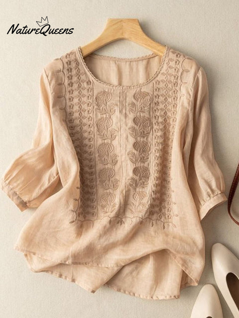 Women's Embroidered Cotton And Linen Lace Patchwork Shirt