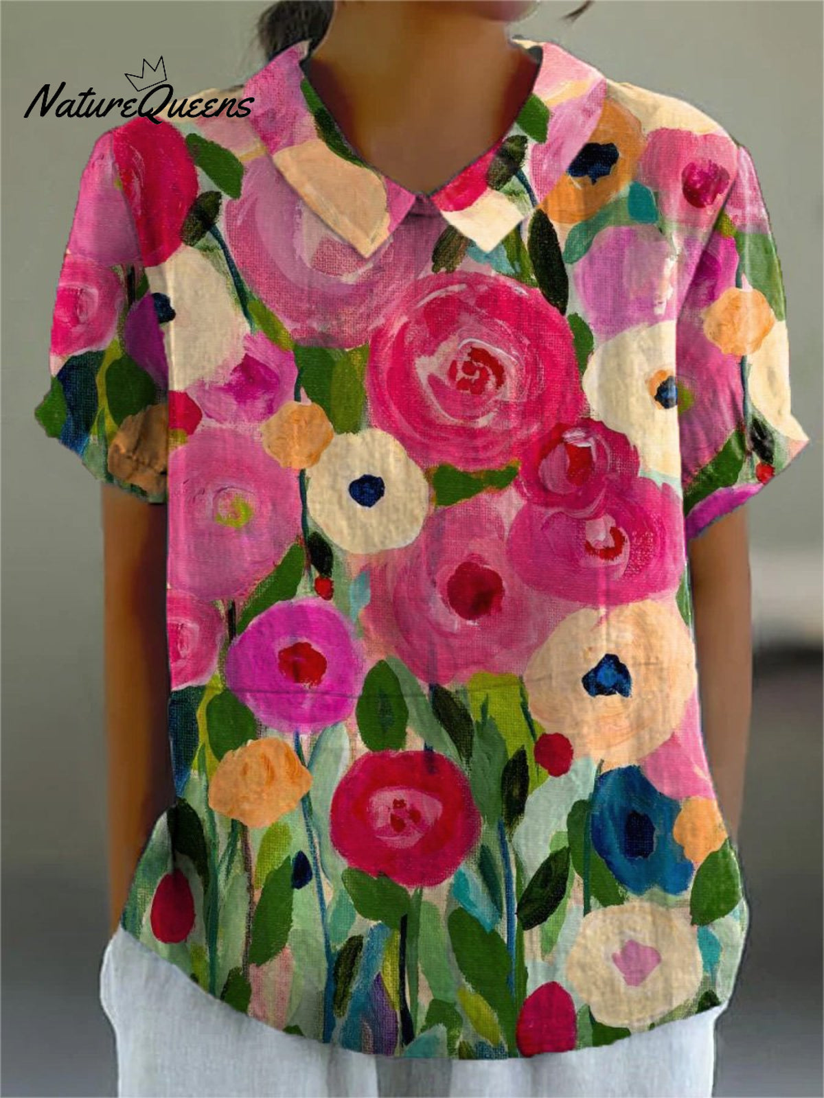 Vibrant Summer Garden Art Printed Women's Casual Cotton And Linen Shirt