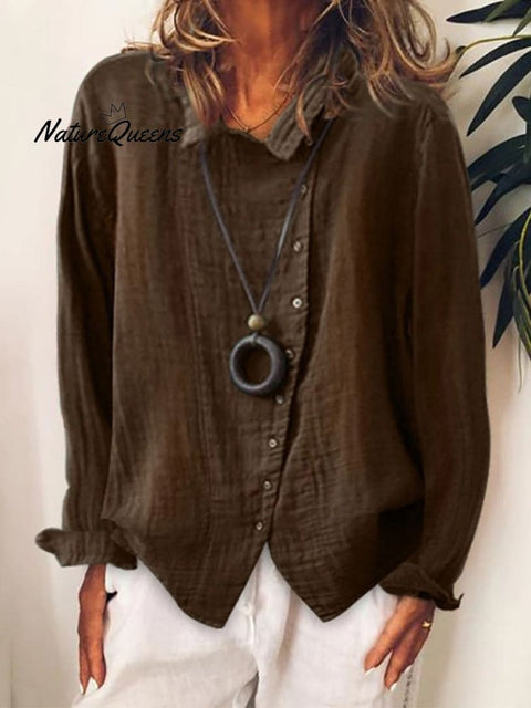 Women’s Cotton & Linen Casual Long Shirt Brown / S
