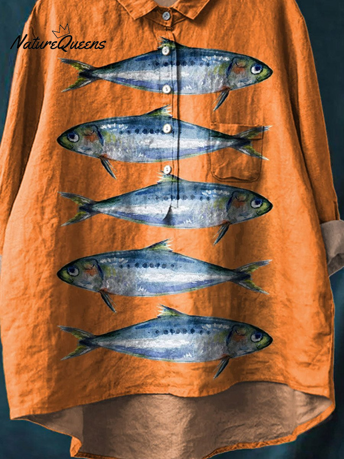 Vintage Funny Sardines Art Print Casual Cotton And Linen Shirt