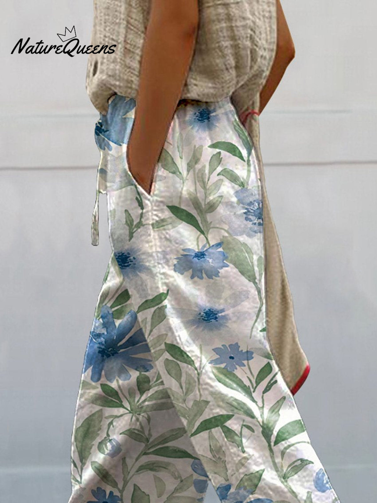 Watercolor Blue Floral Pattern Printed Women's 100% Cotton Casual Pants