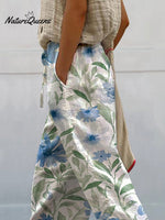 Watercolor Blue Floral Pattern Printed Women's 100% Cotton Casual Pants