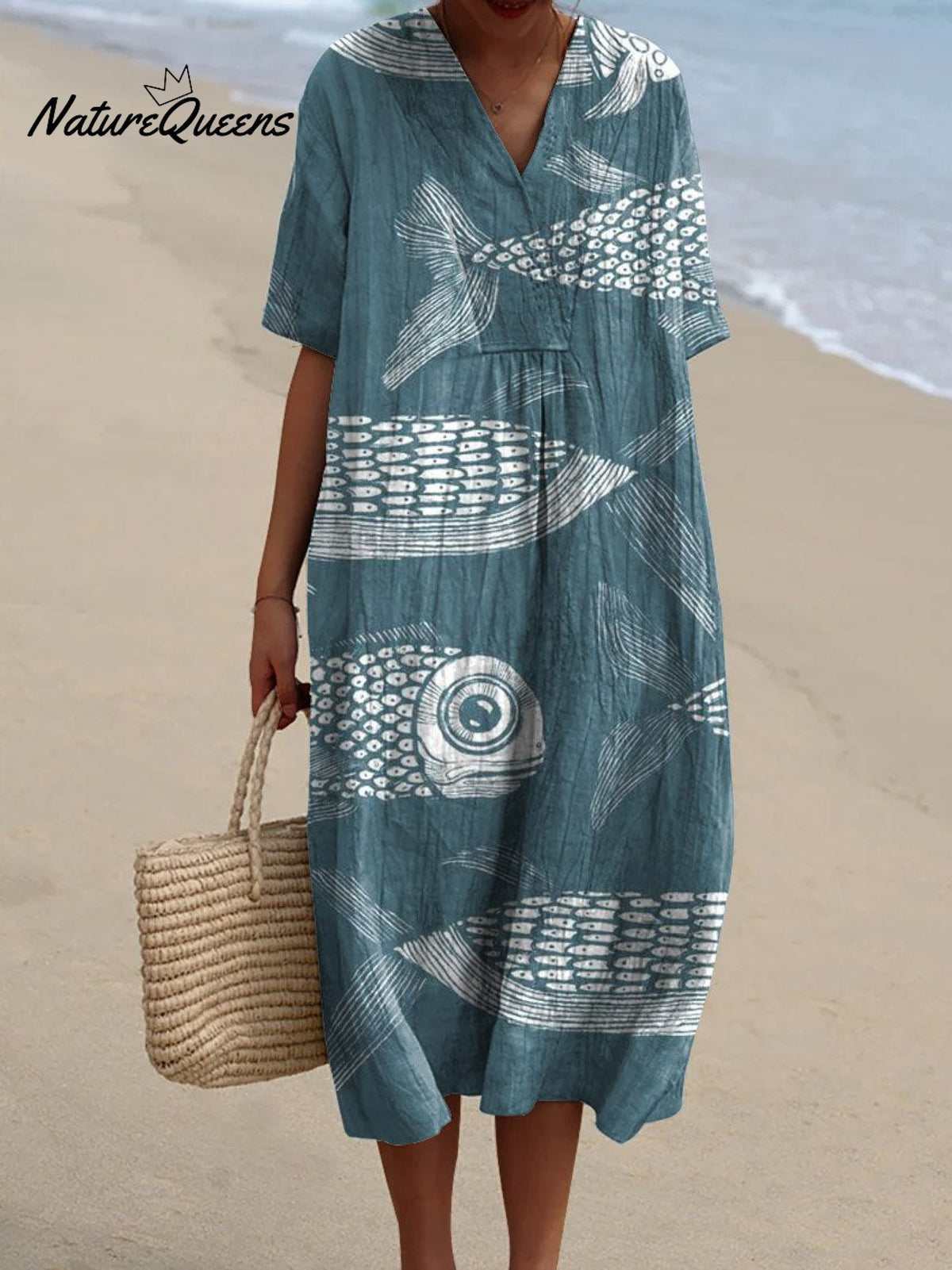 Women's Vintage Lovely Fish Art Print Flowy Dress