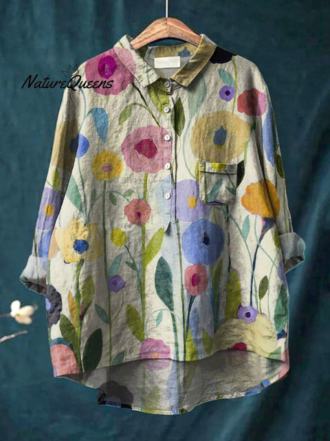 Oil Painting Spring Field Art Printed Women's Casual Cotton And Linen Shirt