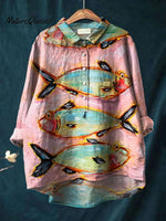 Women's Vintage Fish Art Print Casual Cotton And Linen Shirt