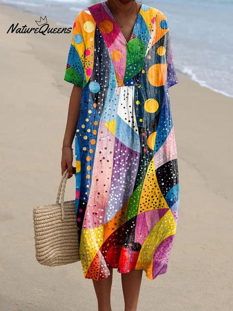 Women's Rainbow Colored Abstract Print Flowy Dress