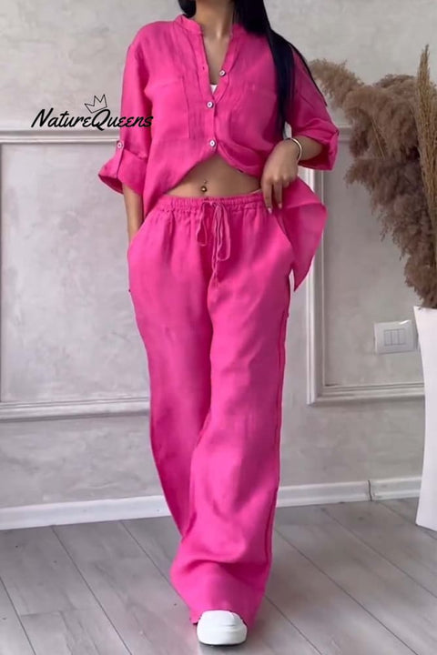 Casual solid color cotton and linen pants two-piece set