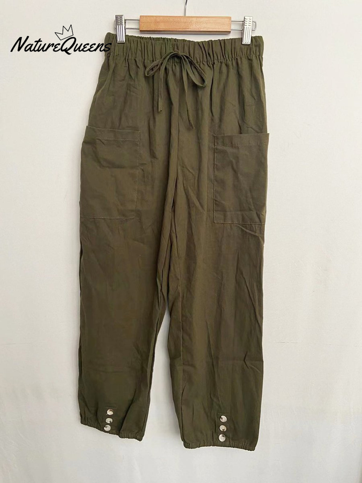 High - Waisted Buttoned Cotton And Linen Pants Cropped Green / S