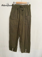 High - Waisted Buttoned Cotton And Linen Pants Cropped Green / S