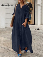 Casual Cotton And Linen Shirt Dress Blue / S