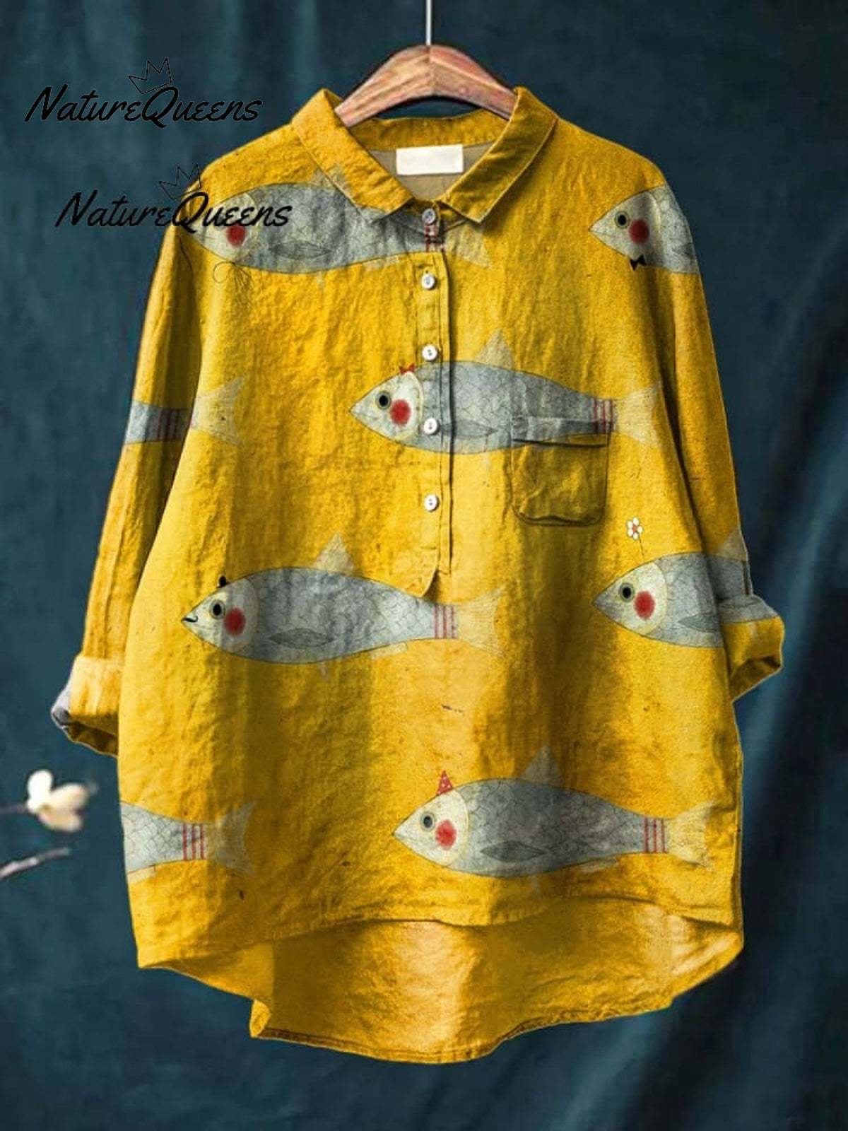 Women's Vintage Fish Art Print Linen Pocket Skirt