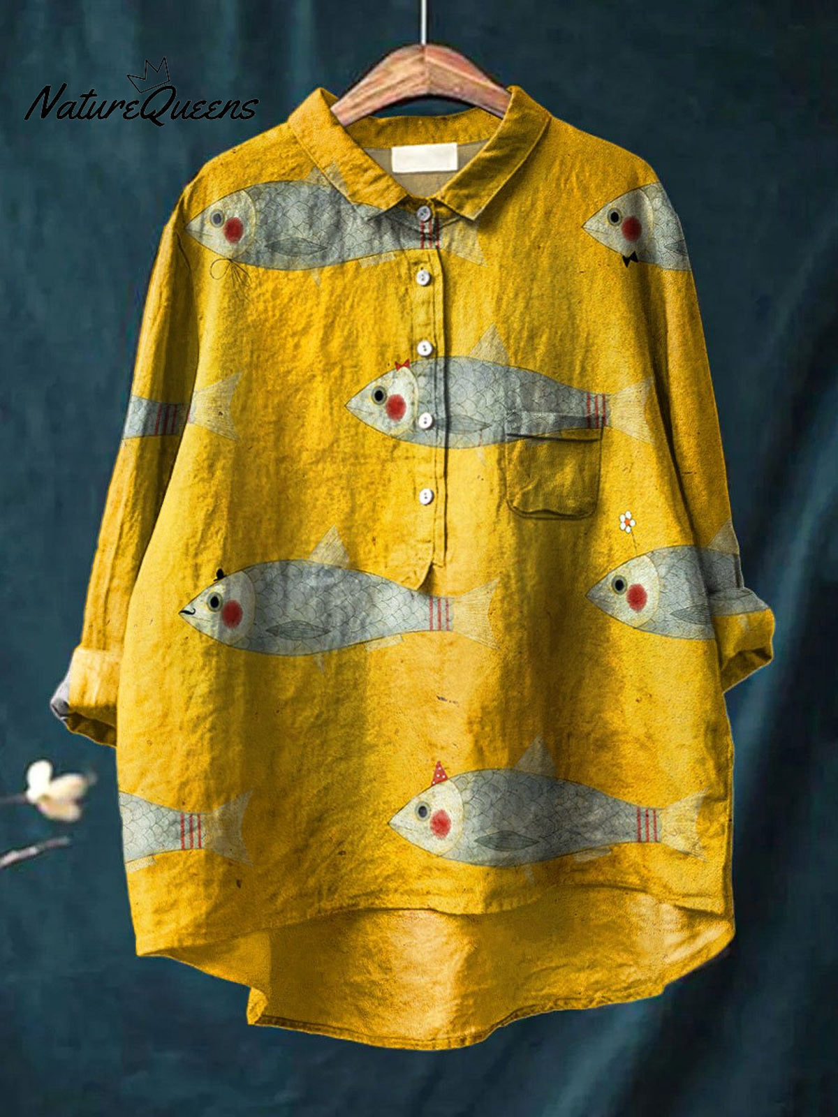 Women's Vintage Fish Art Print Casual Cotton And Linen Shirt