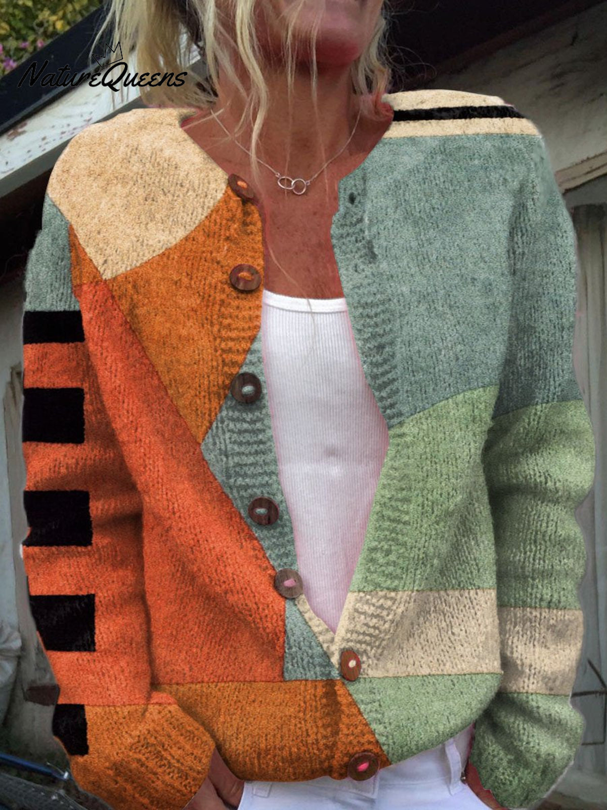 Women's Vintage Geometric Pattern Art Print Buttoned Cardigan Sweater