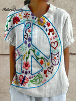 Women's Vintage Peace Art Print Casual Cotton And Linen Shirt