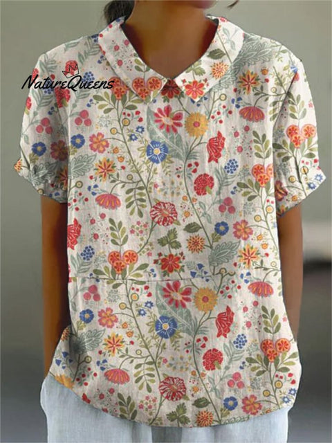 Women’s Pastoral Floral Art Print Casual Cotton And Linen Shirt Top / S