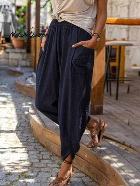 Women's Solid Color Loose Elegant Casual Simple Cotton And Linen Pants