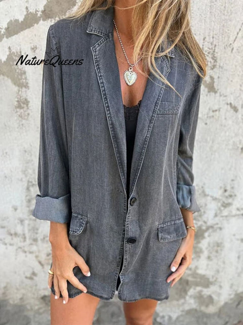 Women's Solid Color Loose Long Sleeve Denim Jacket