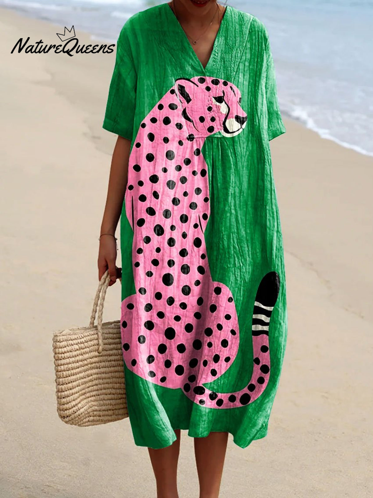 Women's Vintage Pink Cheetah Art Print Flowy Dress