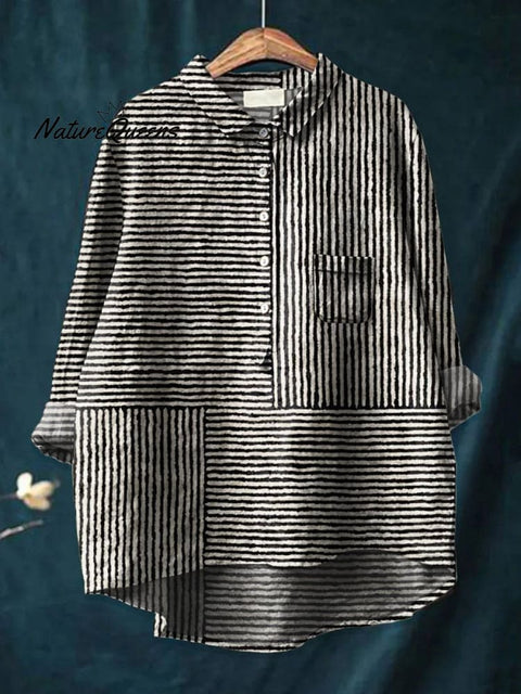 Women's Minimalist Abstract Geometry Art Print Casual Cotton And Linen Shirt