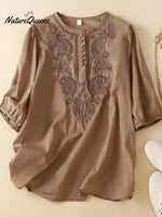 Women’s Retro Embroidery Round Neck Thin Blouse Khaki / M