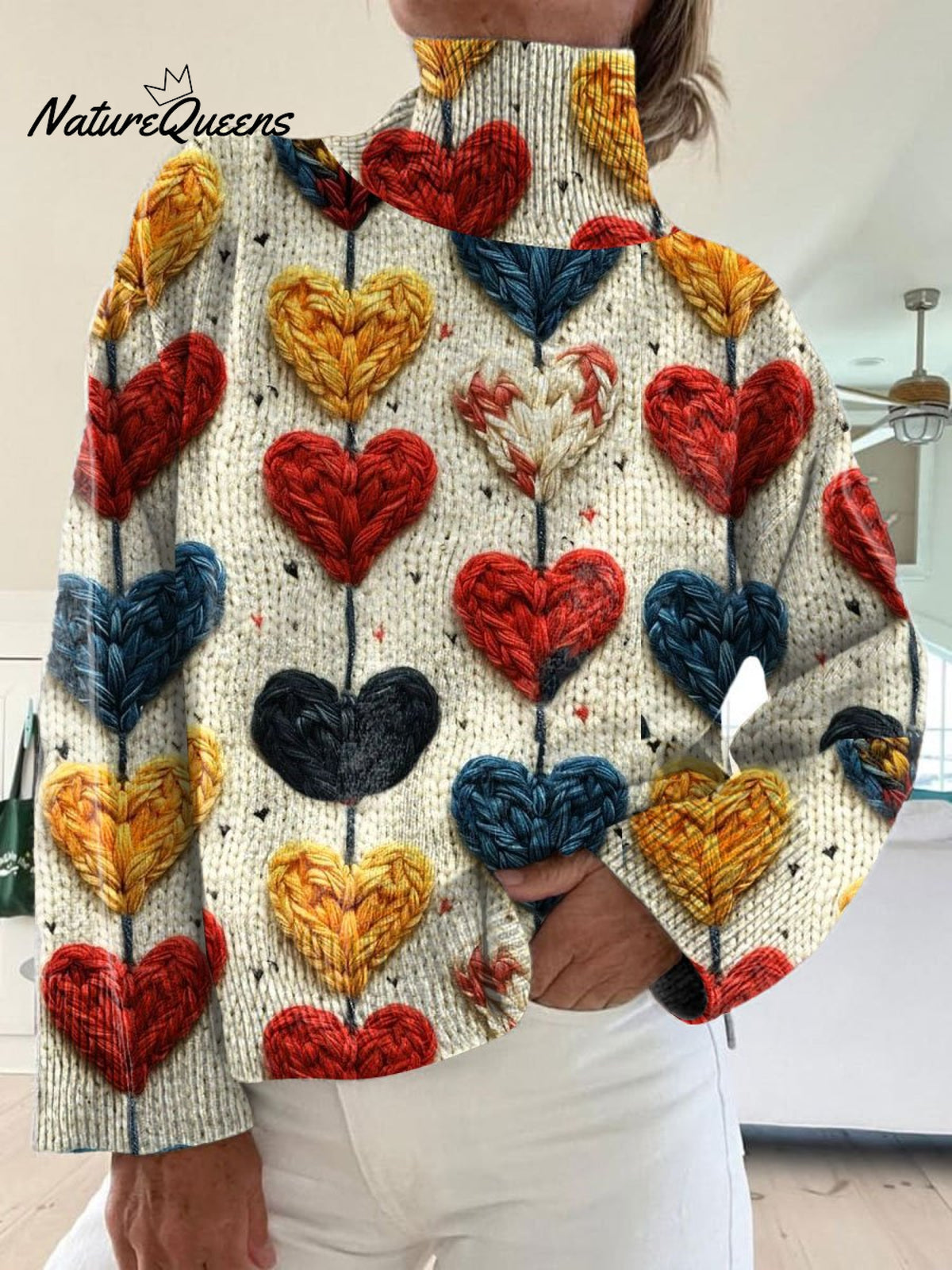 Valentine's Day Art Love Print Knit Turtleneck Pullover Sweater