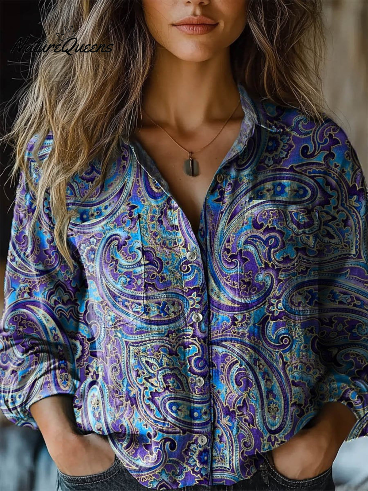 Women's Folk Flower Paisley Print Long Sleeve Comfortable Cotton Shirt
