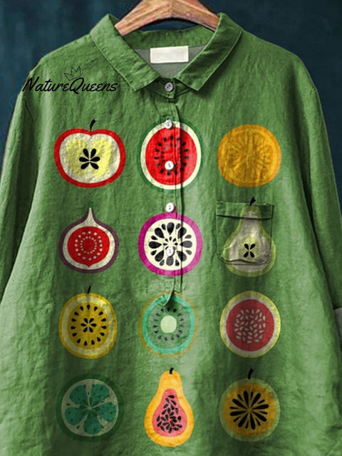 Slice Summer Fruit Graphic Printed Women's Casual Cotton And Linen Shirt