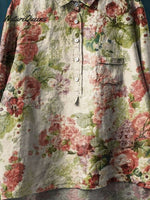 Women's Vintage Floral Art Print Casual Cotton And Linen Shirt